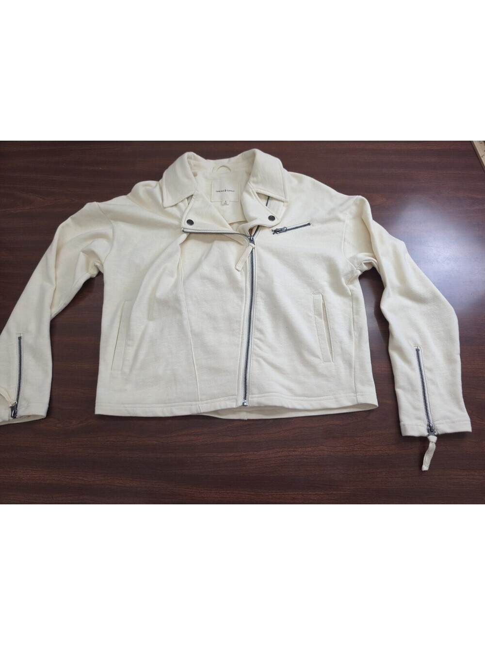Thread & Supply Cream French Terry Moto Jacket Small Zip Up Sweatshirt Sporty
